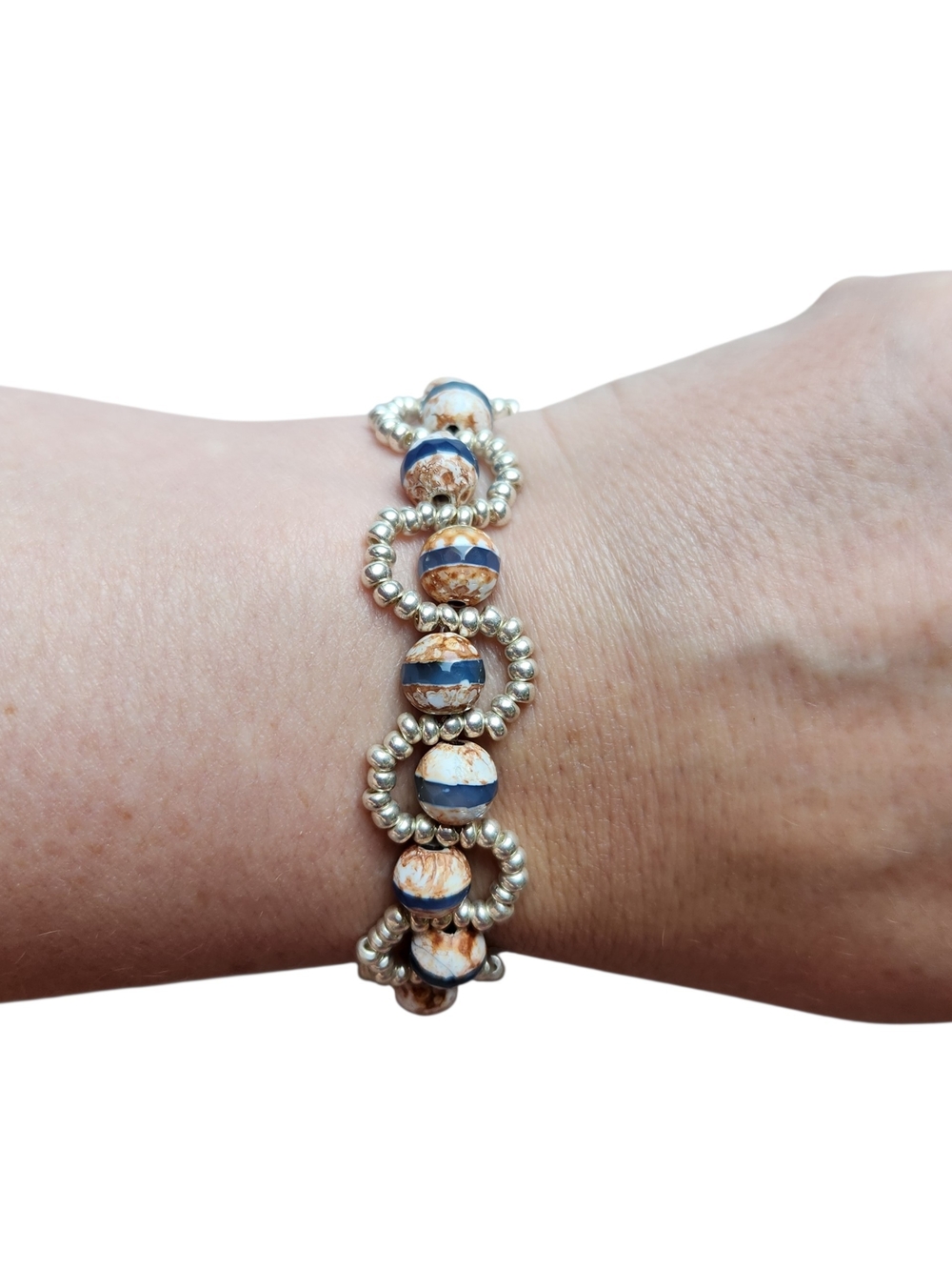 Handcrafted Blue and Cream Agate Beaded Bracelet